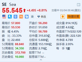 美股异动｜SEA涨8.8% Q4营收及电子商务业务表现超预期
